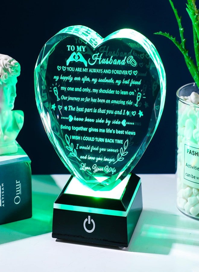 YWHL Gifts for Husband from Wife with Colorful LED Base Anniversary Birthday Gifts for Husband to My Husband Crystal Heart keepsake I Love You Gifts for Him on Valentine Christmas Fathers Day - Image 2